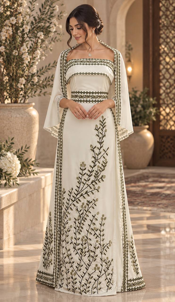 Olive Bride – Palestinian Embroidered Thobe & Skirt Set