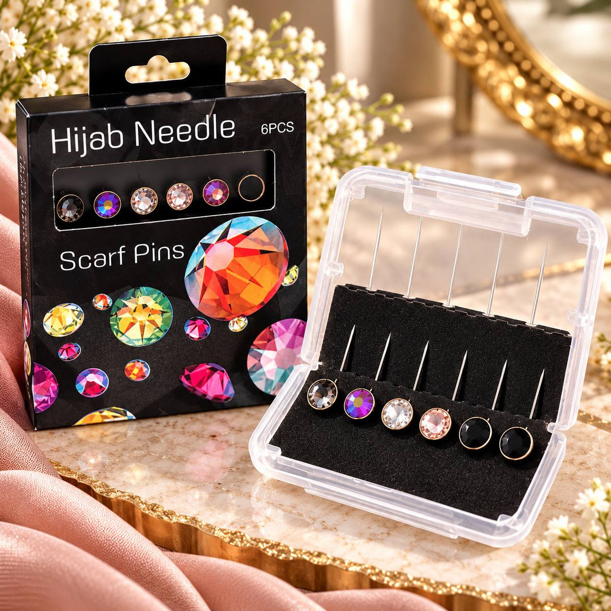 Crystal Hijab Scarf Pins – 6 Pieces