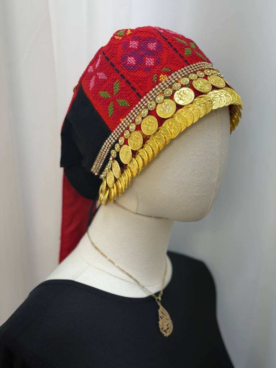 Palestinian Hand-Embroidered Headdress with Coins & Fringe
