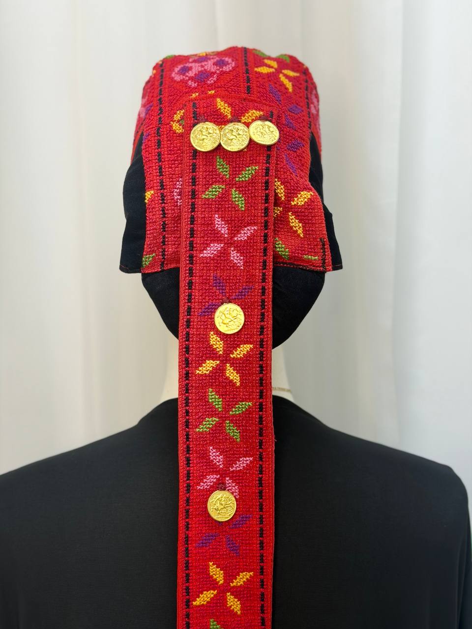 Palestinian Hand-Embroidered Headdress with Coins & Fringe