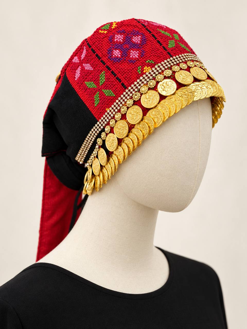Palestinian Hand-Embroidered Headdress with Coins & Fringe