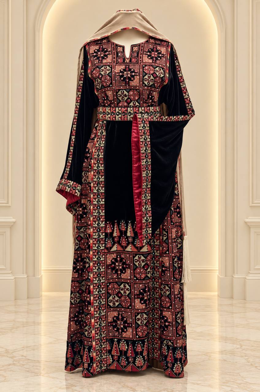 Palestinian Embroidered Velvet Thobe Set