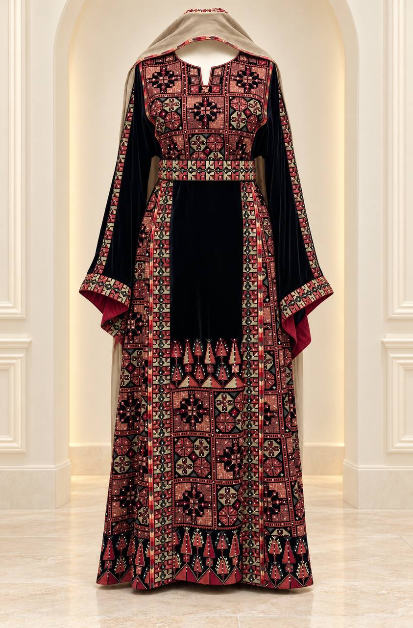 Palestinian Embroidered Velvet Thobe Set