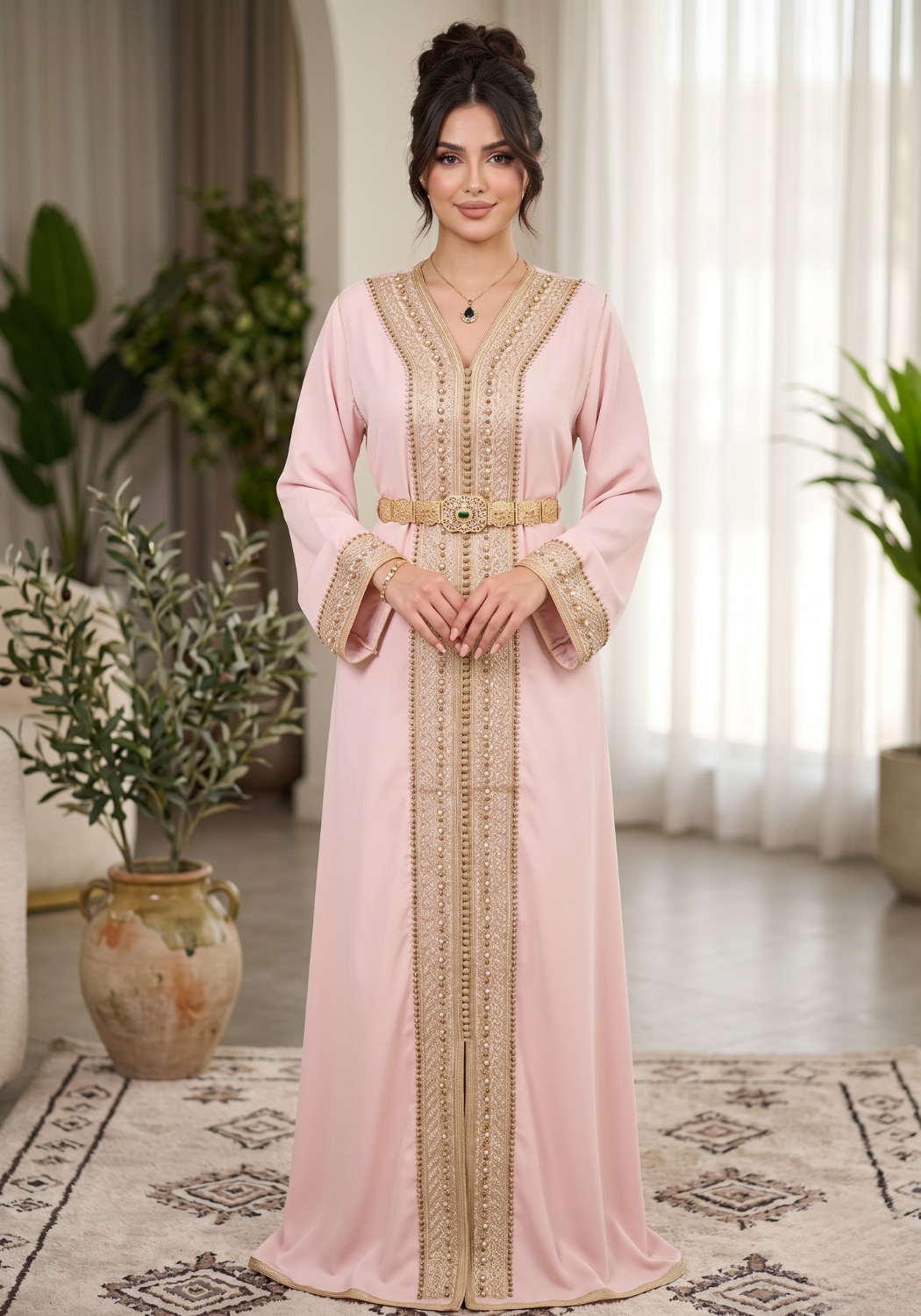 Blossom Pink Moroccan Kaftan with Ornate Gold Embroidery