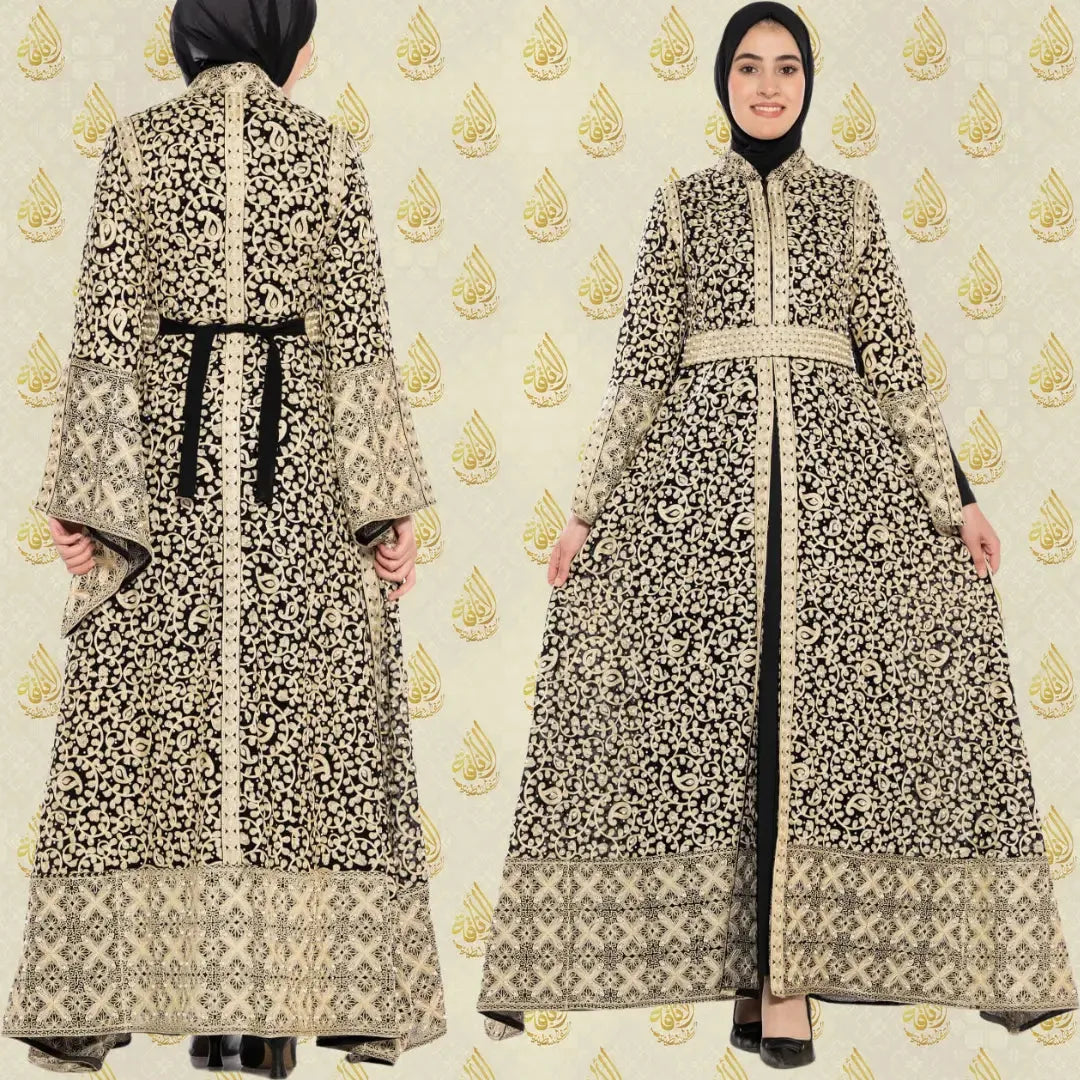 Palestinian Elegance silk embroidered caftan dress in black and cream with intricate traditional patterns