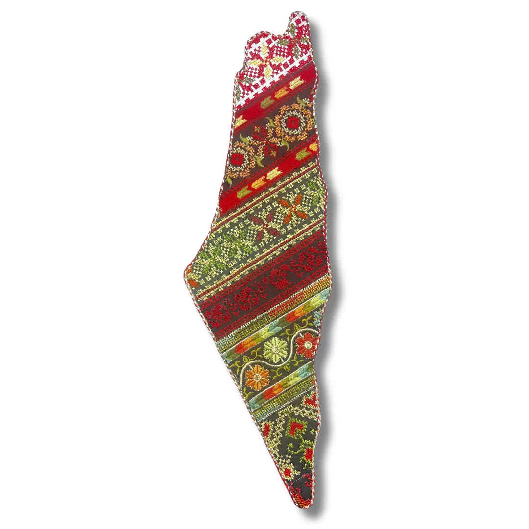 Tatreez embroidered Palestine map decor with traditional red and green Palestinian Elegance accessories
