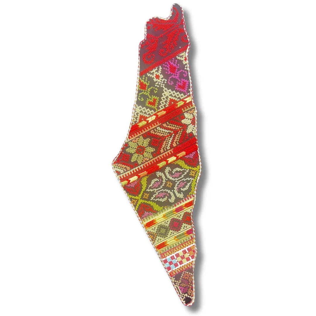 Colorful tatreez embroidered Palestine map decor showcasing traditional Palestinian patterns and vibrant colors