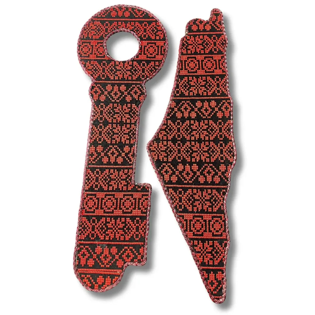 Palestinian Elegance tatreez home decor bundle with traditional red and black embroidered key and map shapes