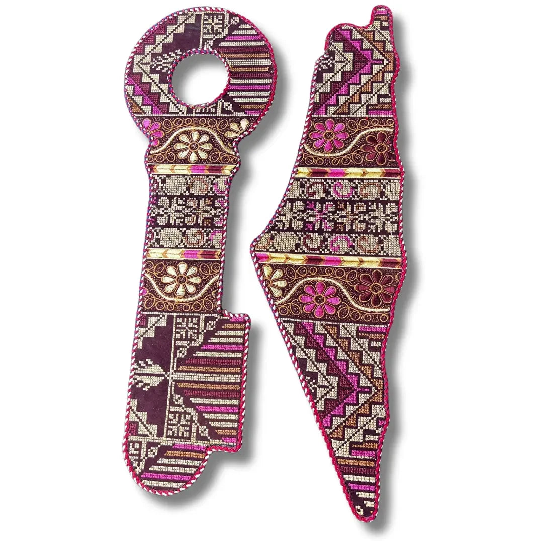 Palestinian Elegance tatreez home decor bundle featuring two embroidered accessories with traditional geometric patterns in purple and pink