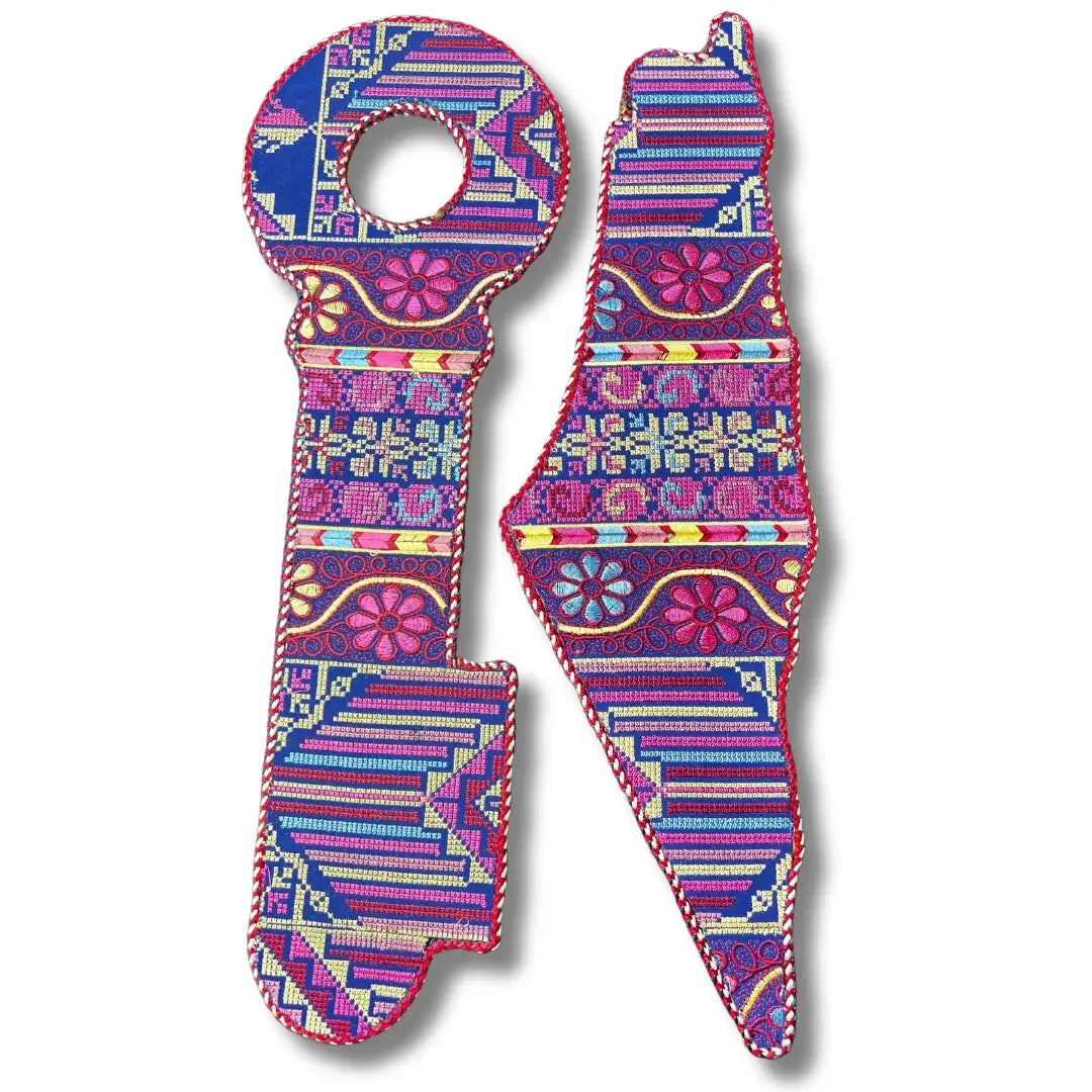Palestinian Elegance tatreez home decor bundle featuring colorful embroidered key and map-shaped accessories
