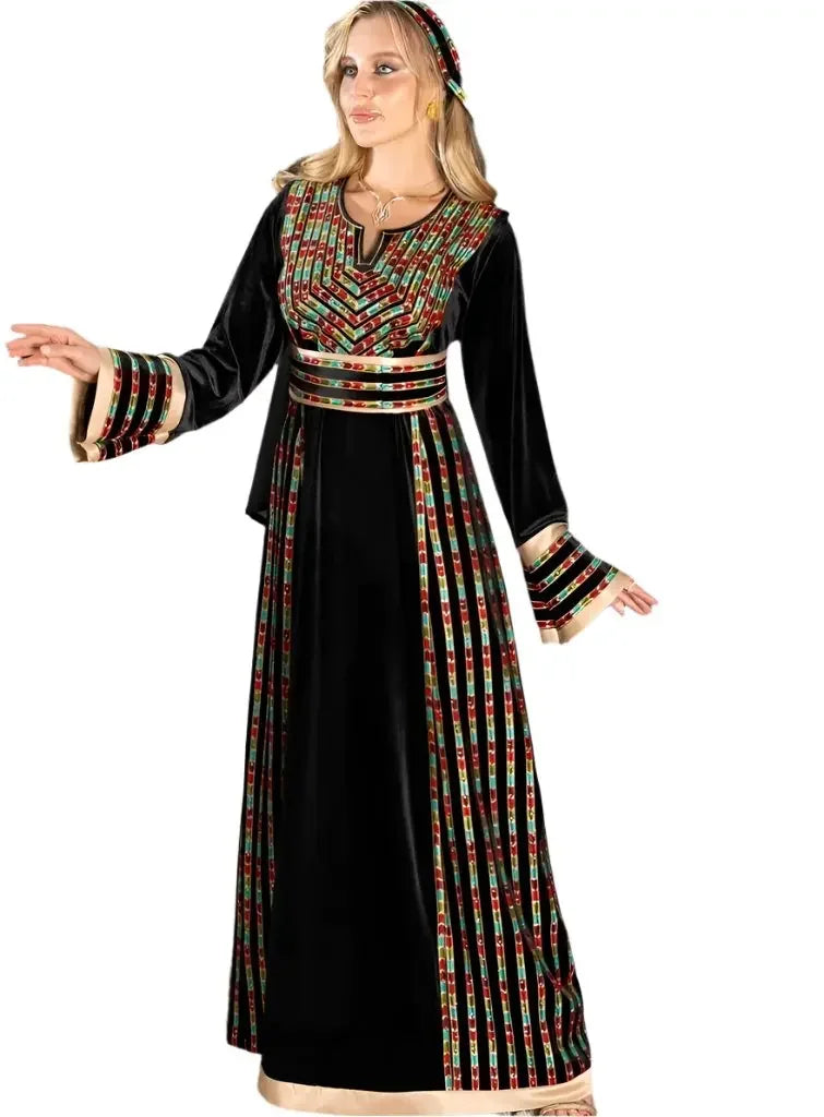 Palestinian Elegance velvet embroidered thoub in black with colorful traditional embroidery and matching headband