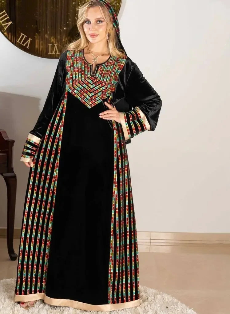 Palestinian Elegance velvet embroidered thoub in black with colorful traditional embroidery and long sleeves