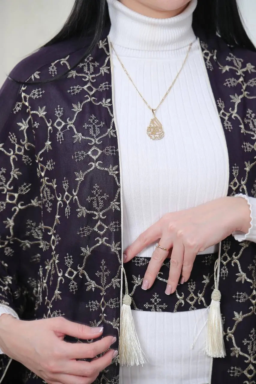 Embroidered Chiffon Cardigan Golden Silk Threads Palestinian Elegance