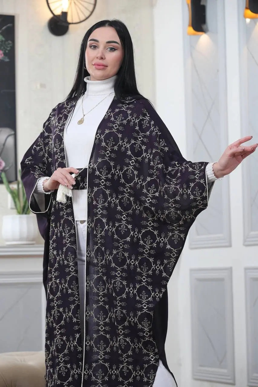 Embroidered Chiffon Cardigan Golden Silk Threads Palestinian Elegance