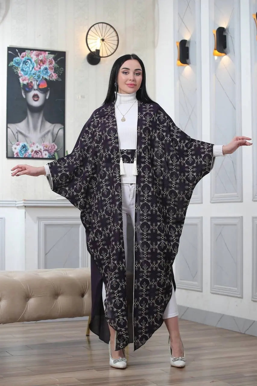 Embroidered Chiffon Cardigan Golden Silk Threads Palestinian Elegance