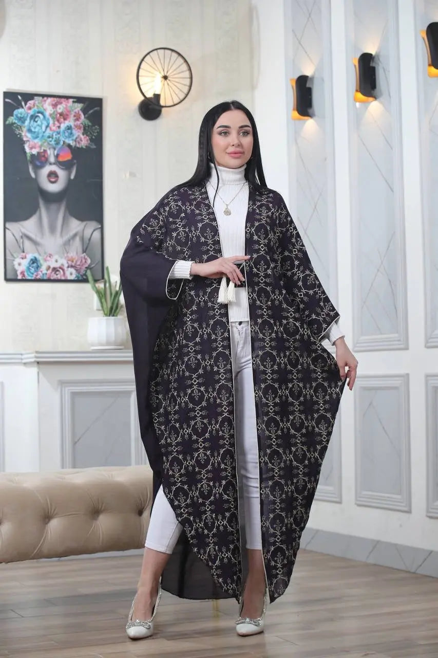 Embroidered Chiffon Cardigan Golden Silk Threads Palestinian Elegance