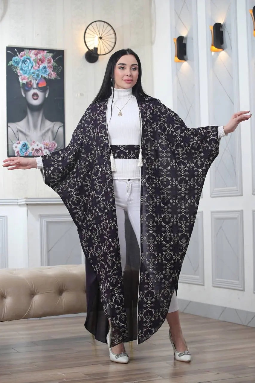 Embroidered Chiffon Cardigan Golden Silk Threads Palestinian Elegance