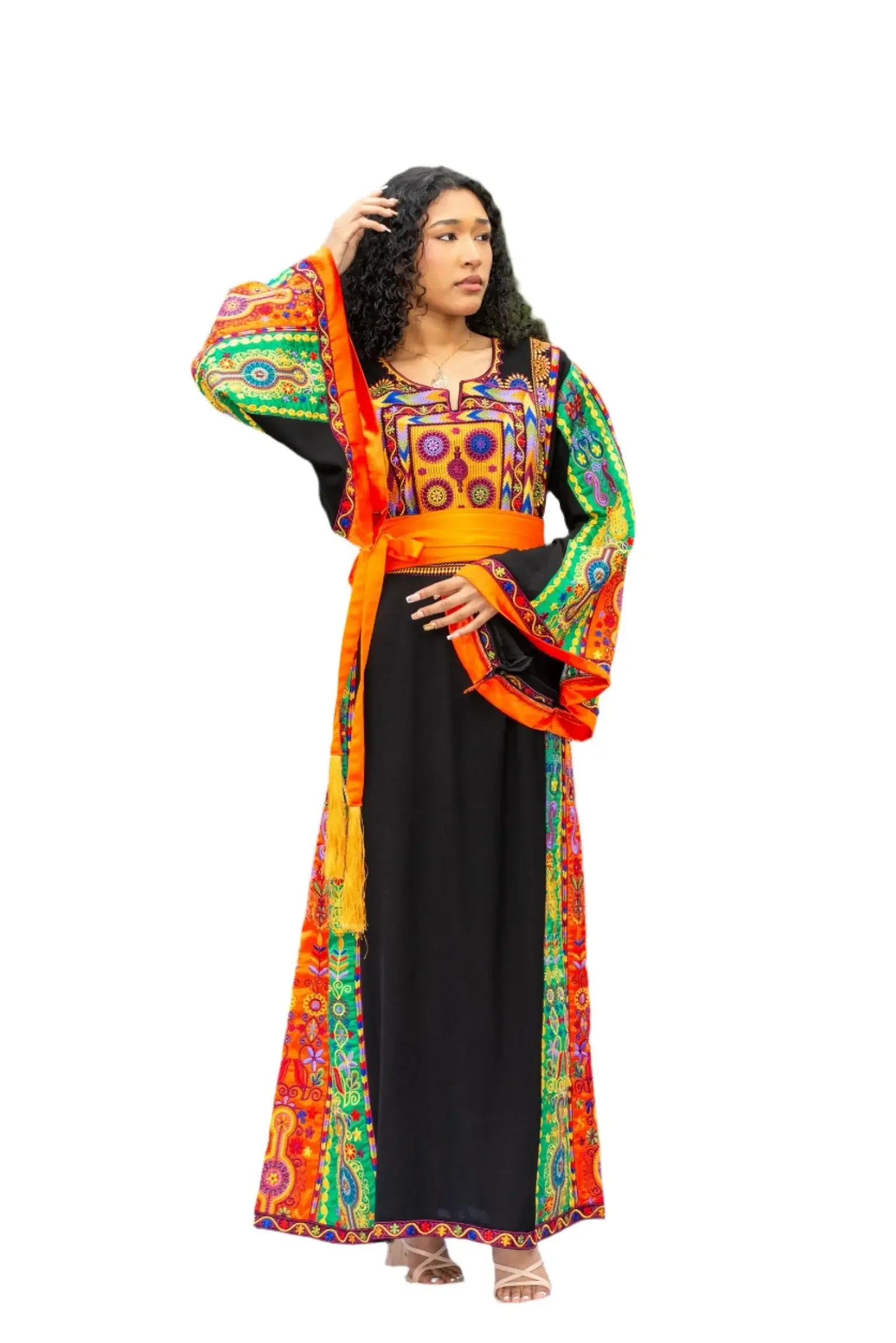 Palestinian Elegance embroidered dress with colorful traditional patterns and long flowing sleeves