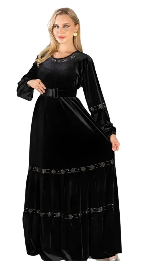 Palestinian Elegance black velvet casual dress with long sleeves and decorative trim