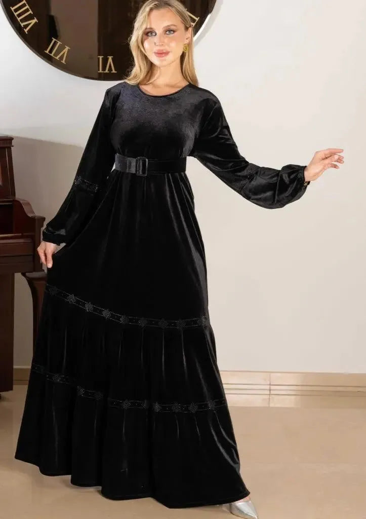 Palestinian Elegance black velvet casual dress with long sleeves and belted waist